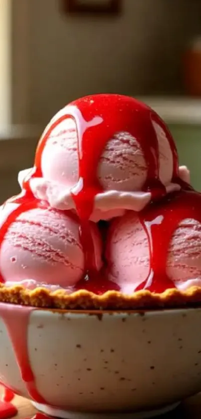 Triple scoop strawberry ice cream with red syrup in a ceramic bowl.