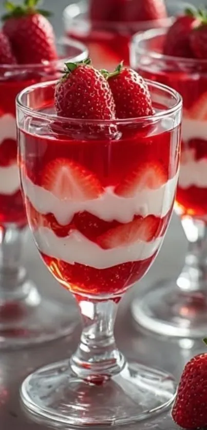 Strawberry parfait with cream layers in a glass.