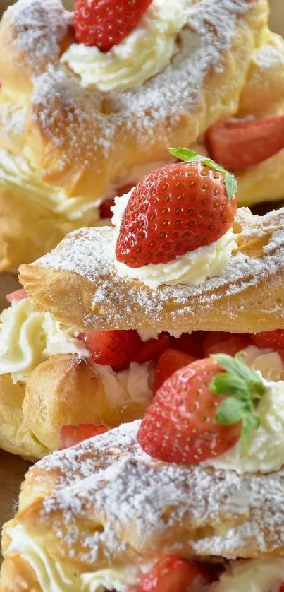 Strawberry cream pastries with icing sugar.