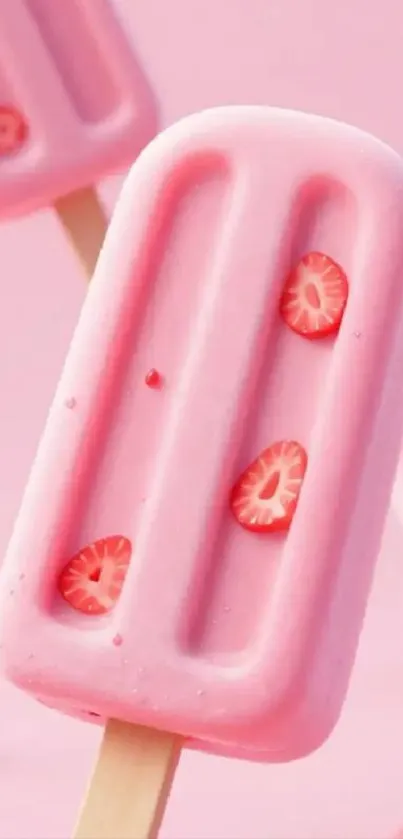 Pink strawberry popsicle wallpaper with fruit details.