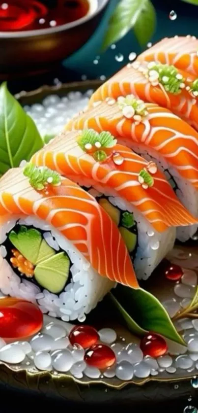 Artistic sushi rolls on a decorative plate.
