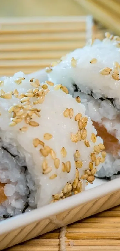 Sushi rolls on a square dish with sesame seeds on bamboo mat.