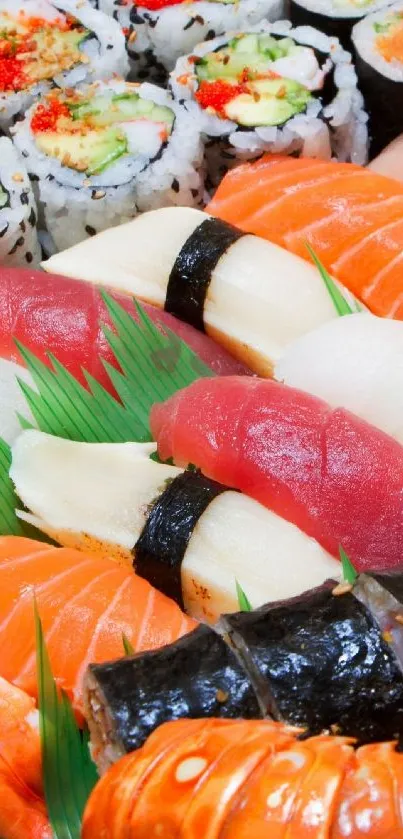 Close-up of colorful sushi rolls with nigiri on a vibrant mobile wallpaper.