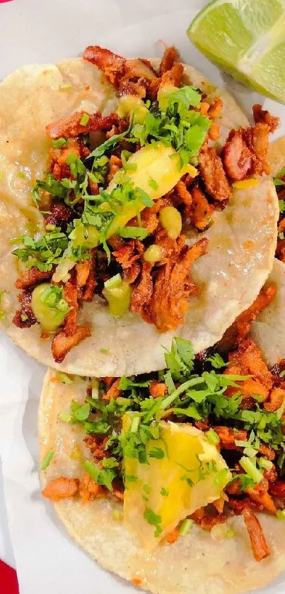 Close-up of three tacos with vibrant toppings on red background.