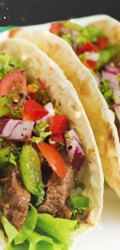 Close-up of three vibrant tacos with beef and fresh veggies.