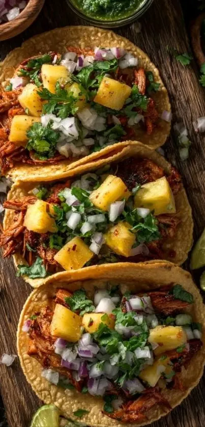 Three delicious tacos with pineapple, cilantro, and lime garnish.