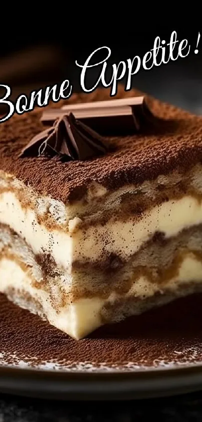 Artistic tiramisu dessert with 'Bon Appétit' text on top.