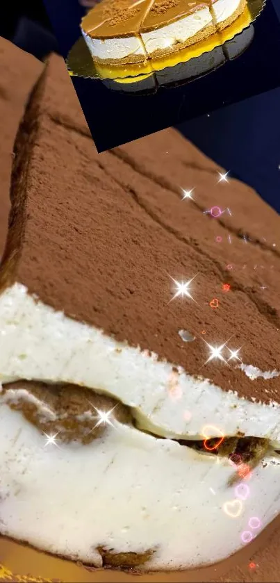 Close-up of creamy tiramisu dessert with cocoa and sparkling accents.