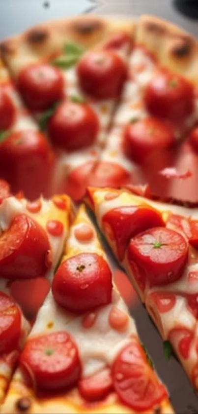 Tomato-topped pizza slices with fresh basil.