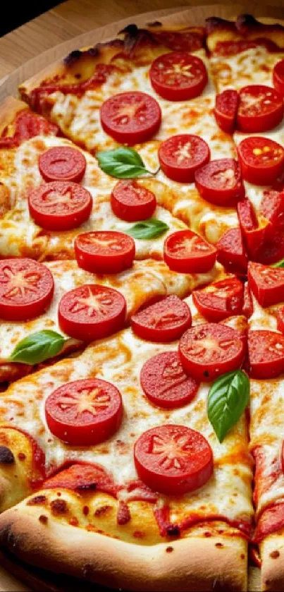 A delicious pizza topped with fresh tomato slices and basil leaves.