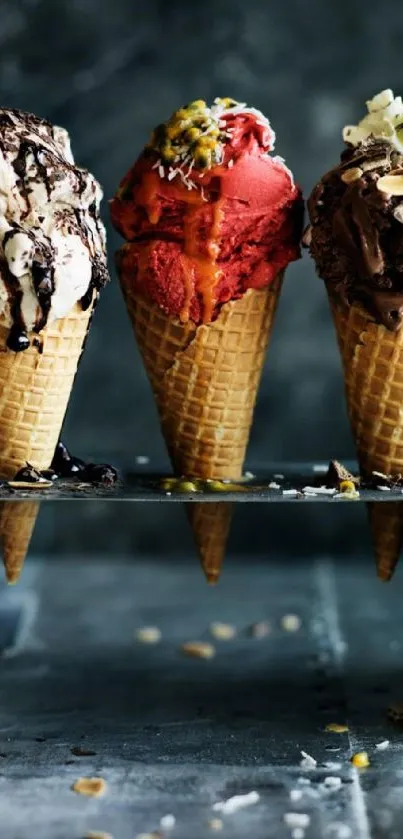 Three colorful ice cream cones displayed elegantly.