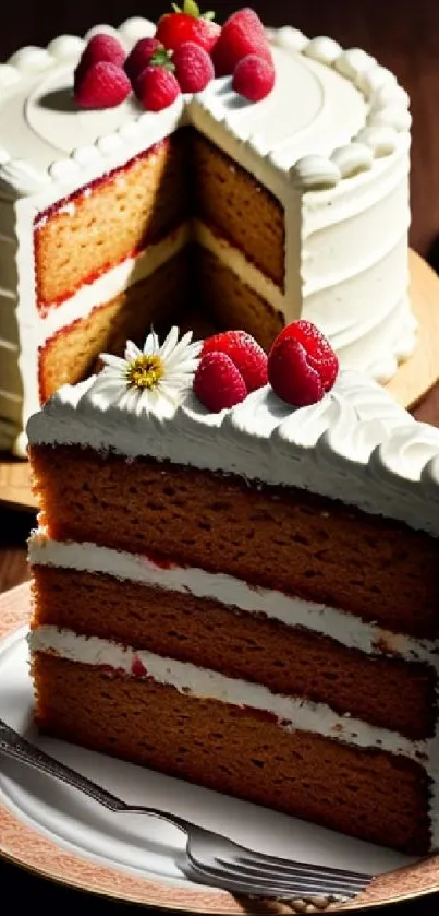 Triple layer vanilla cake with frosting and raspberries.