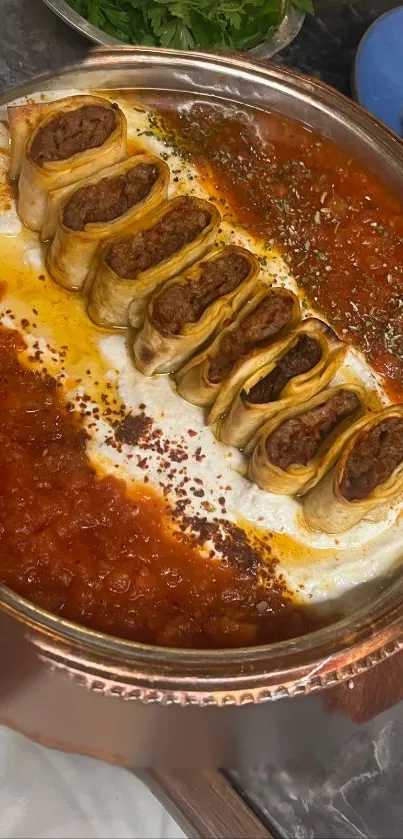 Turkish dish with spiced wraps and rich red sauces.