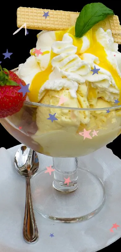 Vanilla ice cream sundae with strawberry in a glass cup.