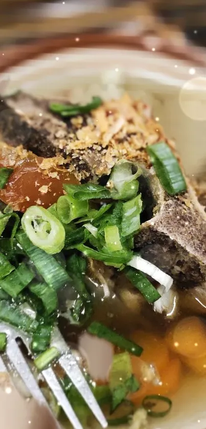 Bowl of Vietnamese Pho with beef and green onions.