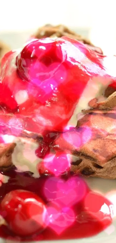 Waffle dessert with red cherry topping on a white plate.
