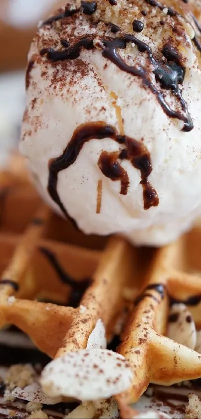 Delicious waffle topped with ice cream and chocolate syrup on a plate.