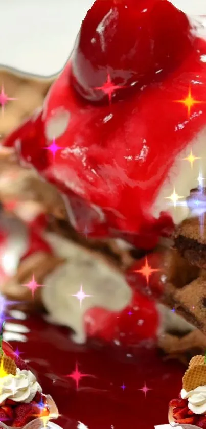 Chocolate waffles with cherry topping and cream on a white plate.