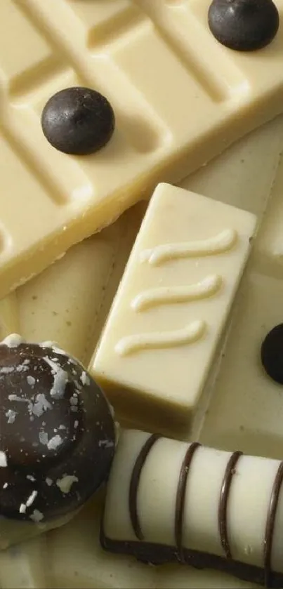 Creamy white chocolate bars and truffles displayed in a mobile wallpaper.