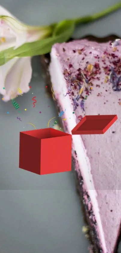 Wallpaper featuring a slice of cake with red gift box.