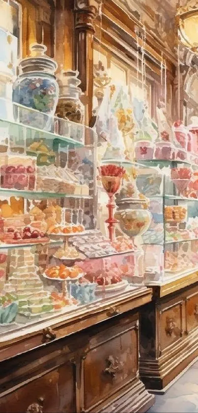 Watercolor candy store with colorful jars and vintage display.