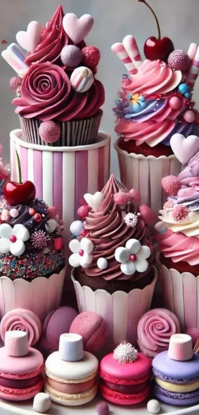 Colorful cupcakes and macarons arranged beautifully.