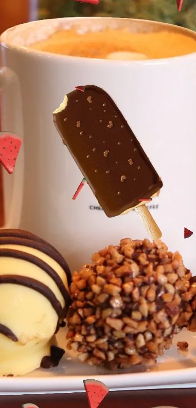 Coffee mug with dessert and truffles.