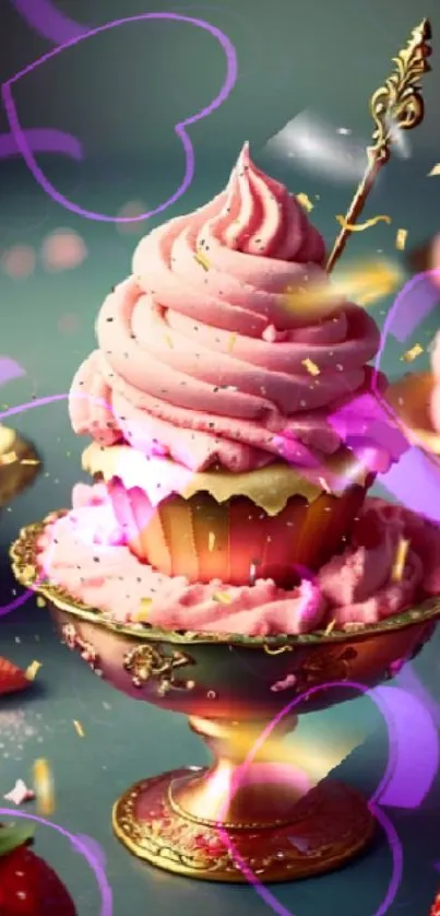 Pink cupcake with frosting on elegant stand, surrounded by strawberries.