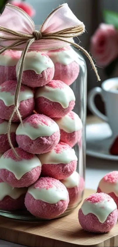 Jar of pink cookies with white topping, elegantly displayed.