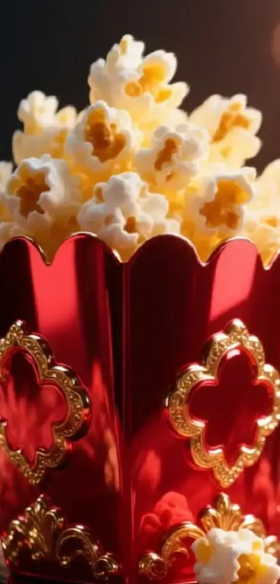 Lavish red and gold popcorn box filled with popcorn.