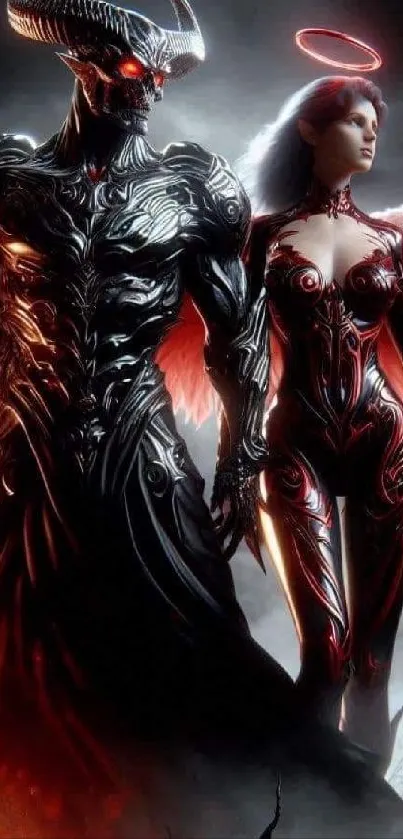 Dark fantasy art of a demon and angel with red and black colors.