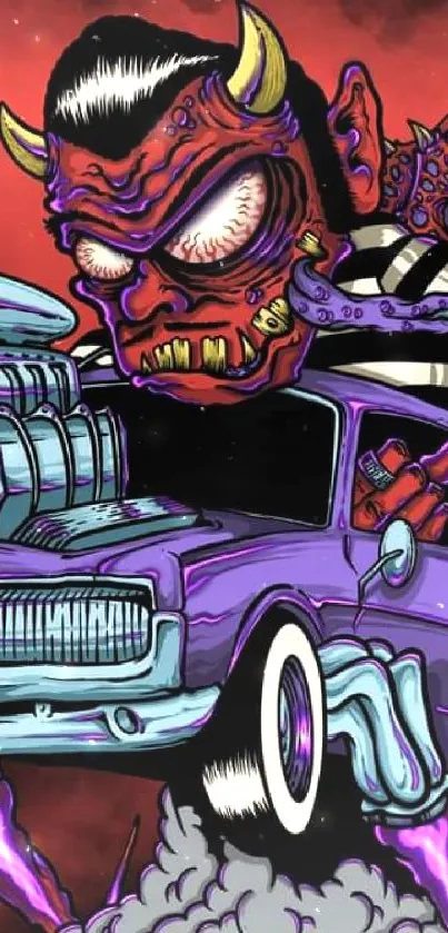 Vibrant demon driving a vintage car illustration on a red background.