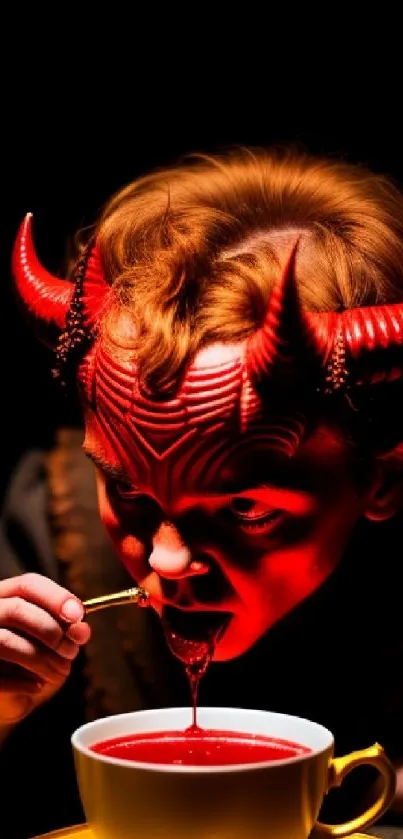 Child wearing demon mask sipping red soup in dark setting.