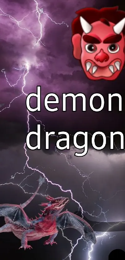 Demon dragon amidst vibrant lightning, set against a dark stormy sky.