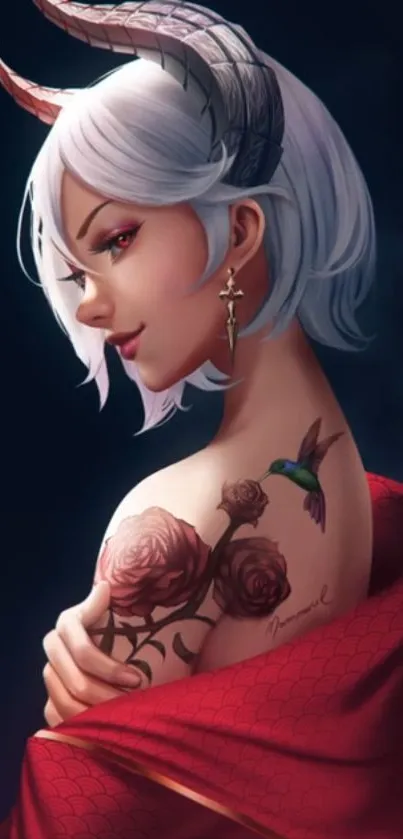 Illustration of a demon girl with white hair, horns, and a tattoo.