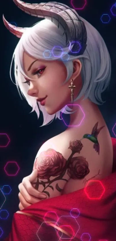 Fantasy art of a demon girl with tattoos and colorful hexagons.