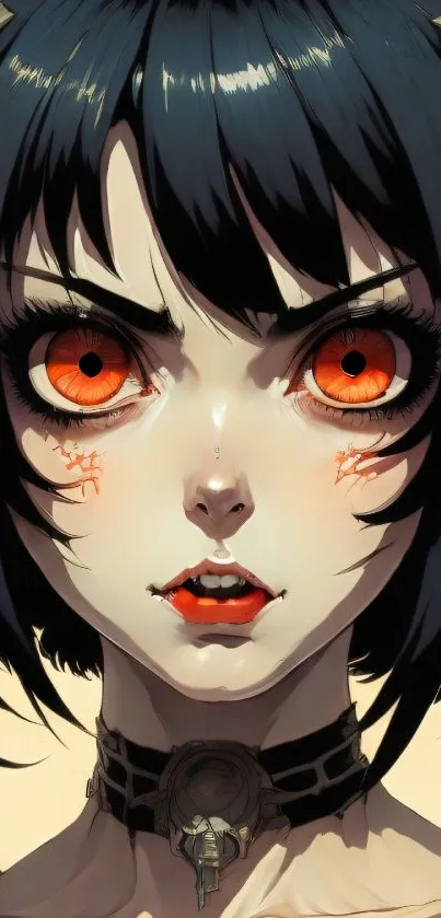 Anime demon girl with horns and red eyes on a mobile wallpaper.