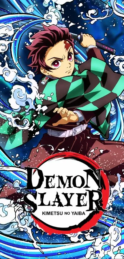 Demon Slayer anime wallpaper with Tanjiro amidst blue waves.