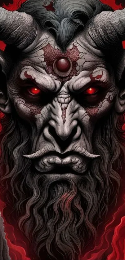 Demonic face with red eyes and horns artwork.