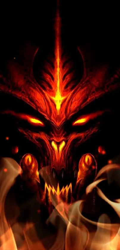 Demonic fiery mask with glowing eyes on a dark background.