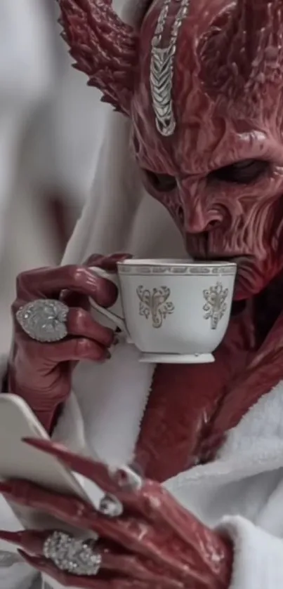 Demon sipping tea while on phone in white robe.