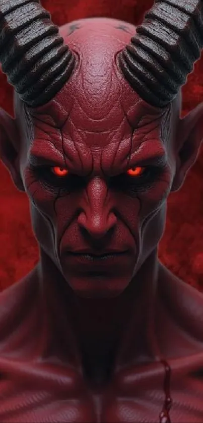 Demonic figure with horned head and fiery red eyes.
