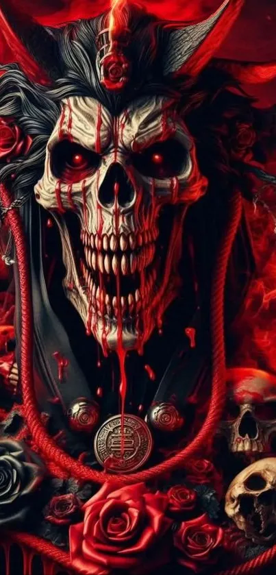 Demonic skull with red roses and candles on black background.