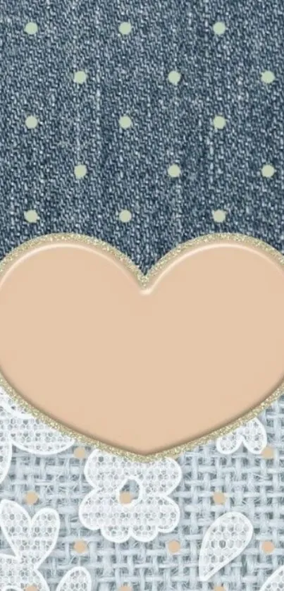 Denim and lace wallpaper with beige heart accent.