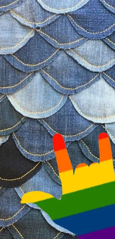 Denim scales pattern with rainbow hand.