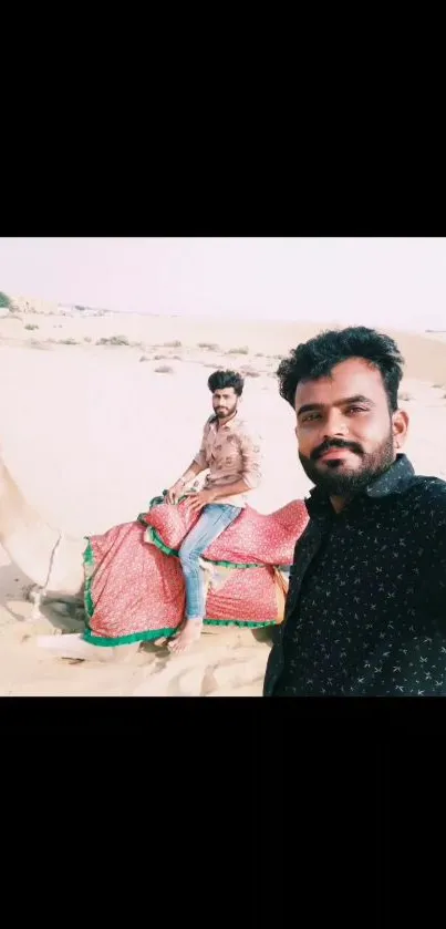 Mobile wallpaper of a desert camel ride selfie.