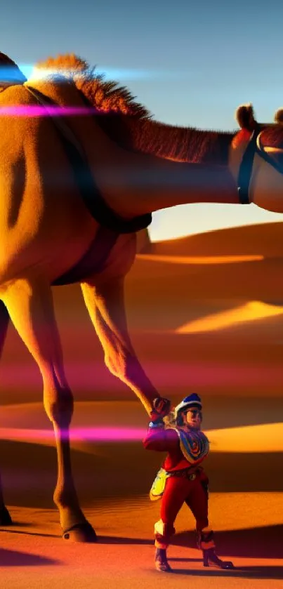 Camel and traveler in desert at sunset.