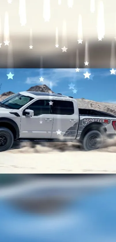 Dynamic offroad truck racing through the desert under a starry sky.