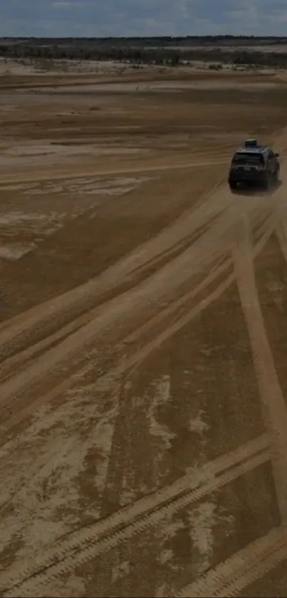 Off-road vehicle on a sandy desert trail with a vast horizon.