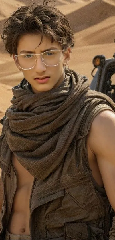 Rugged figure in desert setting with sand and off-road vehicle.